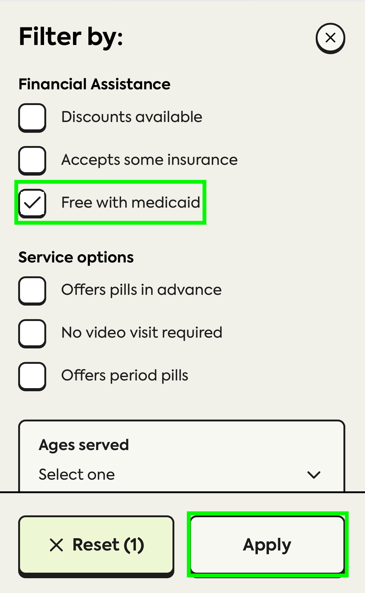 Modal de filtro de Plan C con la casilla Free with medicaid seleccionada y el botón Apply resaltado